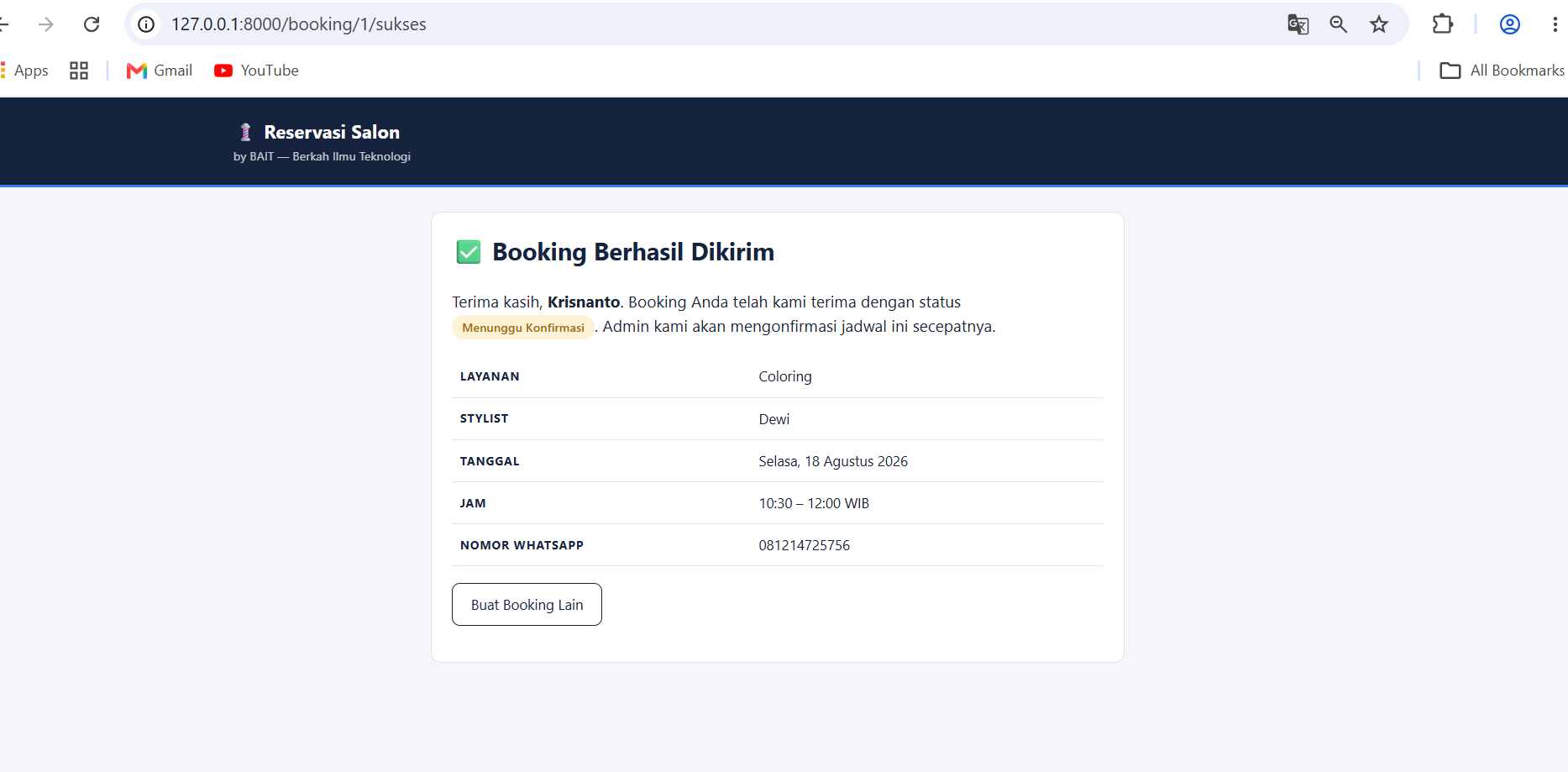 Screenshot Reservasi Salon — Sistem Booking Online