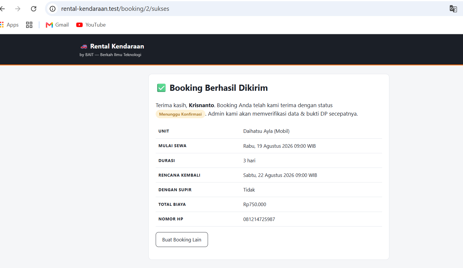 Screenshot Rental Kendaraan — Sistem Sewa Motor & Mobil
